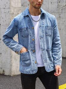 Manfinity Homme 休閒口袋 前紐扣純色男士牛仔外套 - 中等水洗藍 - 查看 1