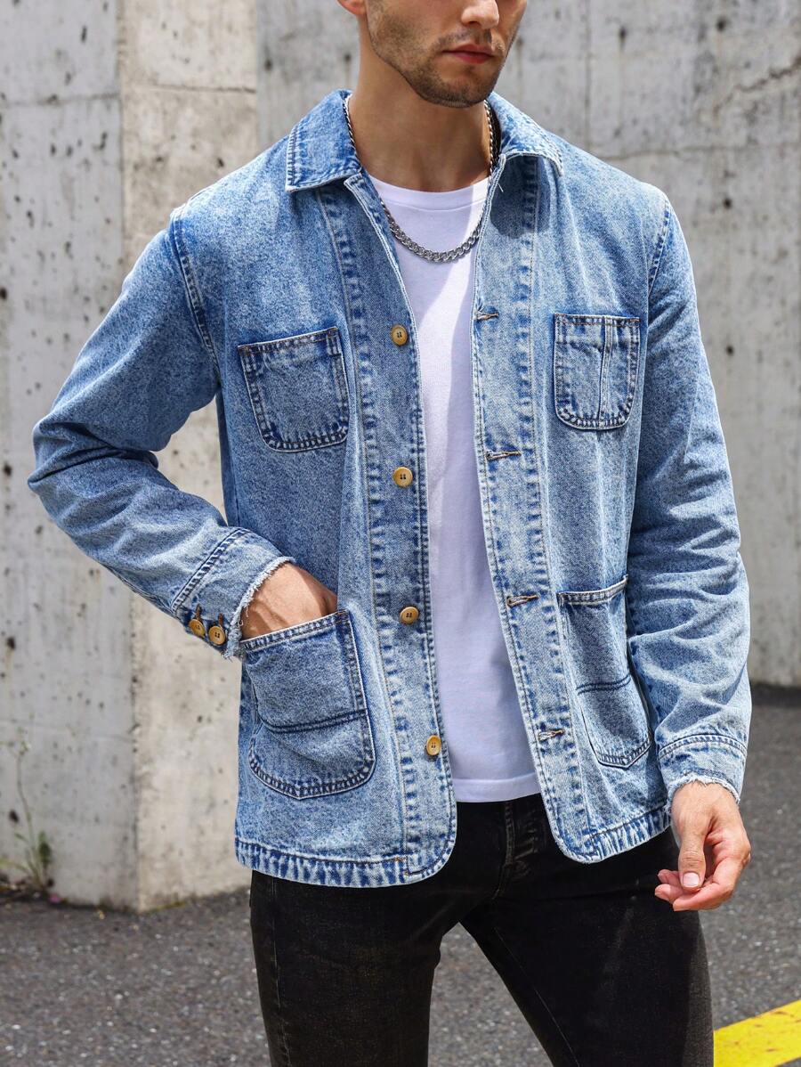 Manfinity Homme 休閒口袋 前紐扣純色男士牛仔外套 - 中等水洗藍 - 查看 1