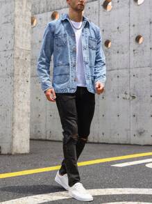 Manfinity Homme 休閒口袋 前紐扣純色男士牛仔外套 - 中等水洗藍 - 查看 3