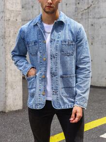 Manfinity Homme 休閒口袋 前紐扣純色男士牛仔外套 - 中等水洗藍 - 查看 4