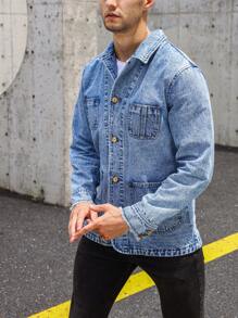 Manfinity Homme 休閒口袋 前紐扣純色男士牛仔外套 - 中等水洗藍 - 查看 5