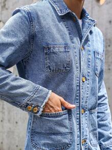 Manfinity Homme 休閒口袋 前紐扣純色男士牛仔外套 - 中等水洗藍 - 查看 8