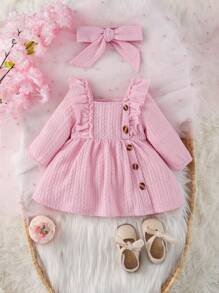 SHEIN Vestido casual de unicolor con ribete de volantes y detalles de botones para bebé niña de primavera/verano - Rosa - Ver 1