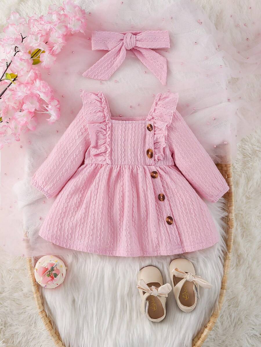 SHEIN Vestido casual de unicolor con ribete de volantes y detalles de botones para bebé niña de primavera/verano - Rosa - Ver 1