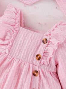 SHEIN Vestido casual de unicolor con ribete de volantes y detalles de botones para bebé niña de primavera/verano - Rosa - Ver 3