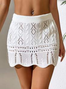 SHEIN Swim Summer Beach Women Swimwear Cover Up Beach Dress Diamond Shaped Hollow Out Shell Lace Skirt With Fan Shape Hemline - White - View 1