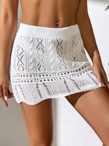 SHEIN Swim Summer Beach Women Swimwear Cover Up Beach Dress Diamond Shaped Hollow Out Shell Lace Skirt With Fan Shape Hemline - White - View 5