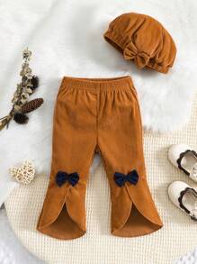 Baby Girl Bow Front Flare Leg Trousers & Accessory Hat - Brown - View 1