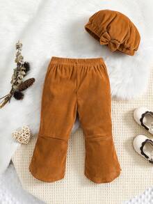 Baby Girl Bow Front Flare Leg Trousers & Accessory Hat - Brown - View 2