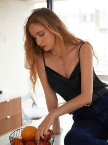 SHEIN Frenchy Draped Satin Cami Top - Black - View 3