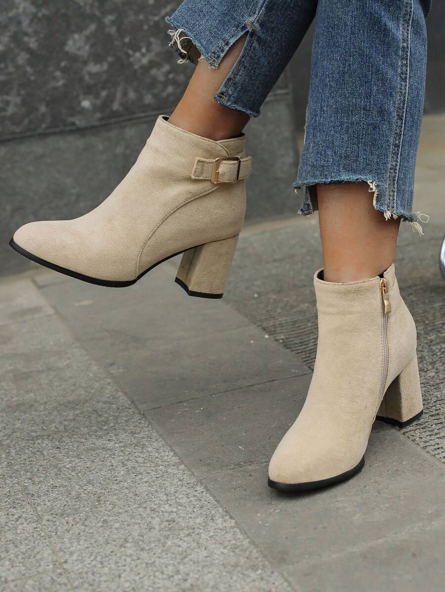 beige con diseño con hebilla otoño/invierno Botas cortas tacón alto de moda de mujeres Botines - Beis - Ver 1
