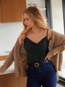 SHEIN Frenchy Draped Satin Cami Top - Black - View 1