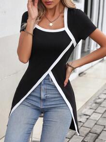 SHEIN LUNE 对比色绑带不对称下摆 T 恤图案 T 恤女式上衣 - 黑色 - 查看 1