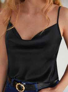 SHEIN Frenchy Draped Satin Cami Top - Black - View 5