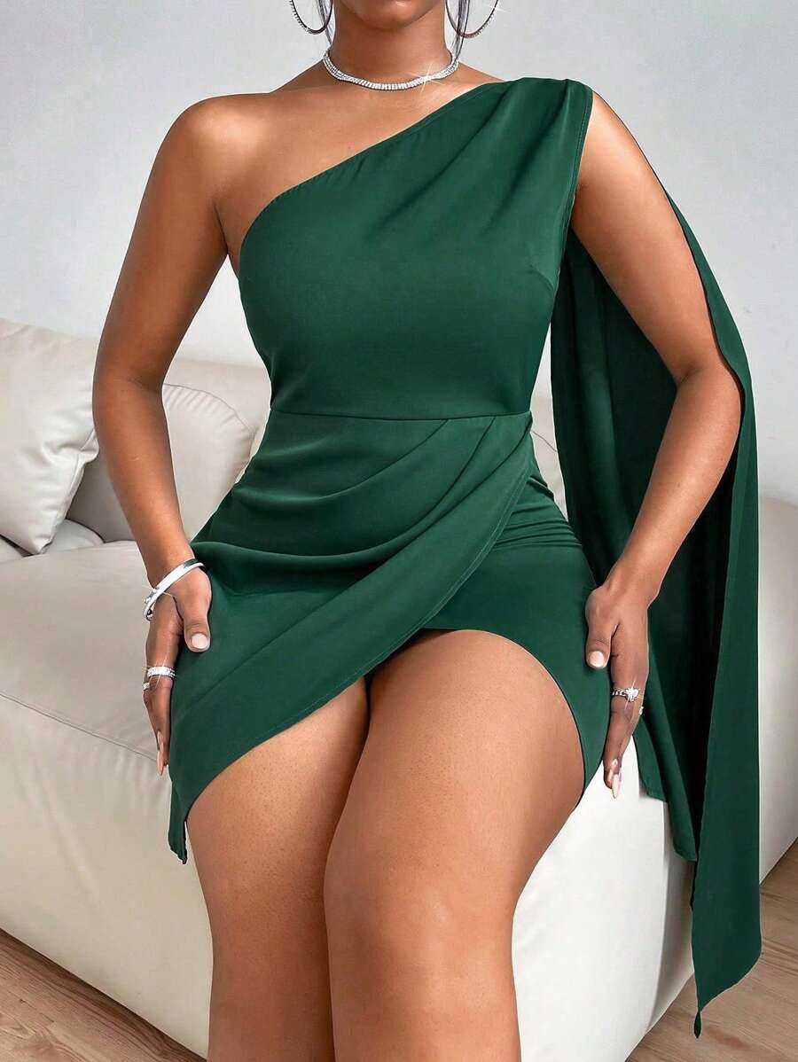 Zolique 單肩斗篷袖圍裹連衣裙 - 墨綠色 - 查看 1