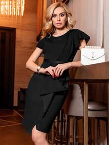 MIUSOL Đầm ôm body dự tiệc cocktail tay bèo nhún cổ điển thanh lịch - màu đen - Xem 7