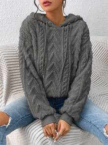 SHEIN Essnce 落肩袖抽繩連帽絨毛運動衫 - 深灰色 - 查看 1