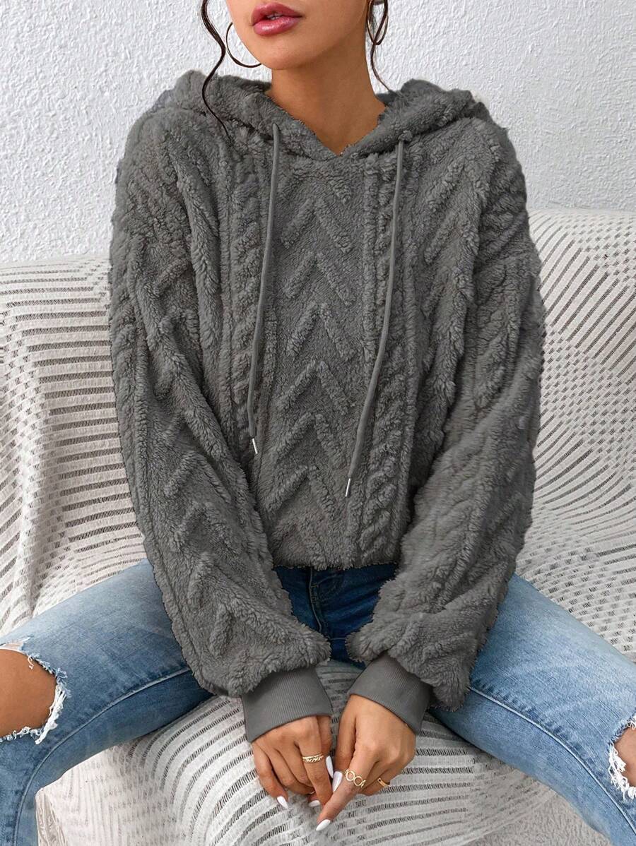 SHEIN Essnce 落肩袖抽繩連帽絨毛運動衫 - 深灰色 - 查看 1