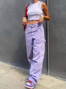GILIPUR Solid Flap Pocket Side Cargo Pants - Lilac Purple - View 1