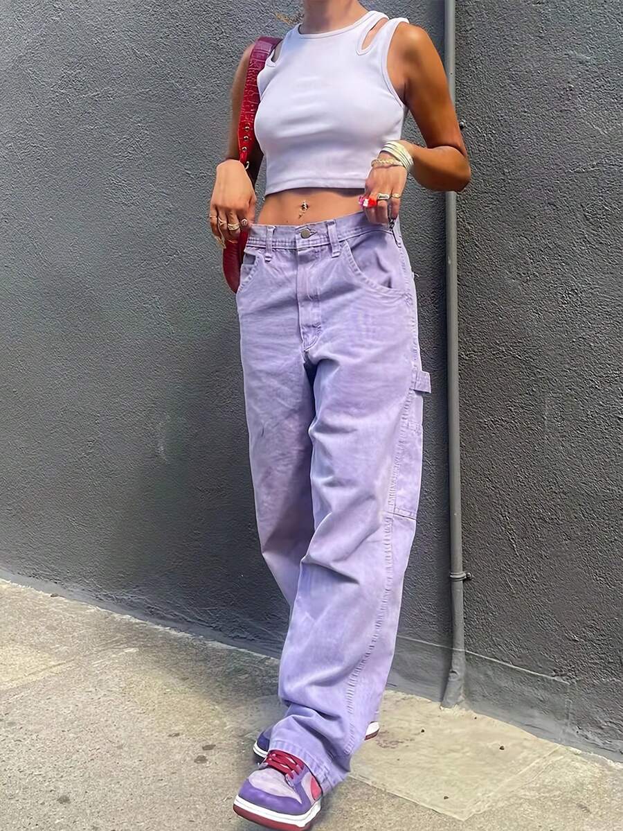 GILIPUR Solid Flap Pocket Side Cargo Pants - Lilac Purple - View 1