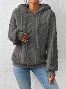 SHEIN Essnce 落肩袖抽繩連帽絨毛運動衫 - 深灰色 - 查看 4