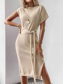 SHEIN Unity Batwing Sleeve Knot Front Split Thigh Jumper Dress - Khaki - View 1