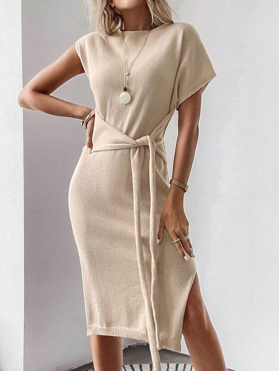 SHEIN Unity Batwing Sleeve Knot Front Split Thigh Jumper Dress - Khaki - View 1