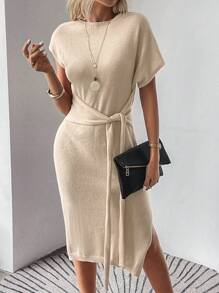 SHEIN Unity Batwing Sleeve Knot Front Split Thigh Jumper Dress - Khaki - View 3