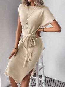 SHEIN Unity Batwing Sleeve Knot Front Split Thigh Jumper Dress - Khaki - View 4