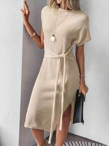 SHEIN Unity Batwing Sleeve Knot Front Split Thigh Jumper Dress - Khaki - View 5