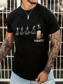 Men Letter & Skull Print Tee, Emo, 2000s Style, For Halloween - Black - View 6