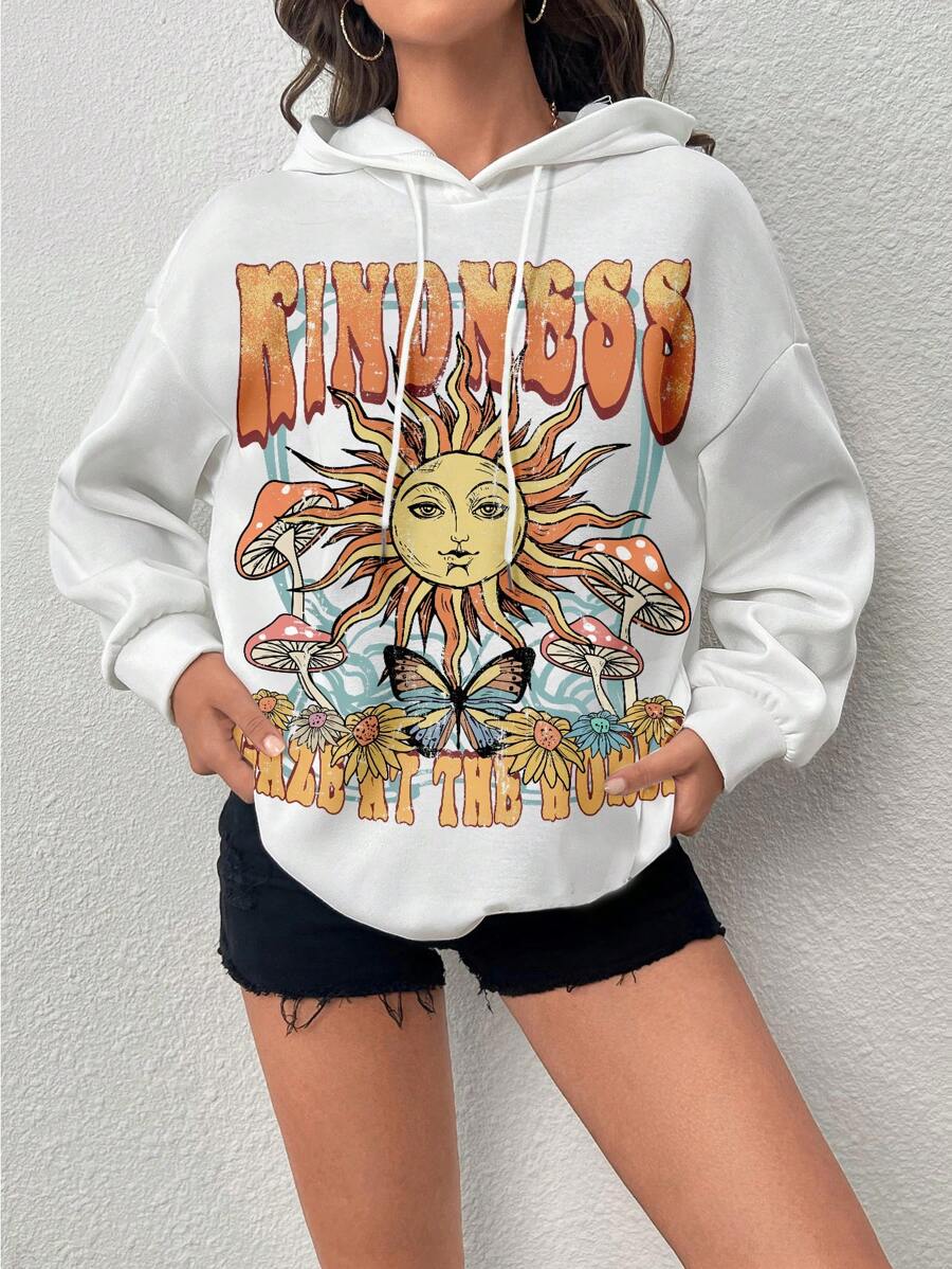 SHEIN EZwear 太陽和蝴蝶圖案落肩袖連帽衫 - 白色 - 查看 1