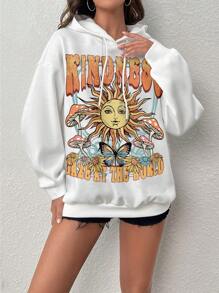 SHEIN EZwear 太陽和蝴蝶圖案落肩袖連帽衫 - 白色 - 查看 3