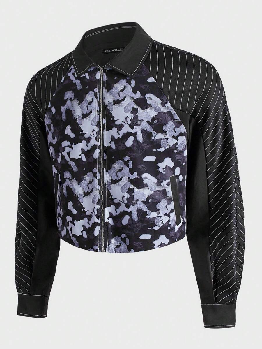 PATHEMA Men Striped & Camo Print Raglan Sleeve Zip Up Crop Jacket - Multicolor - View 1