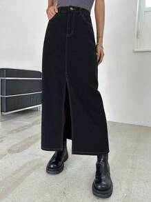 DAZY Váy denim xẻ đùi túi chéo - màu đen - Xem 1