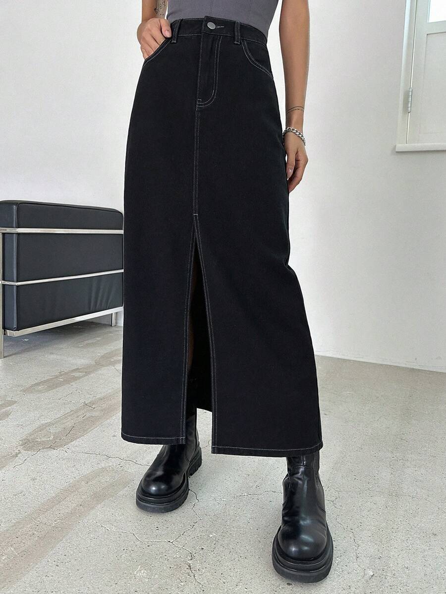 DAZY Váy denim xẻ đùi túi chéo - màu đen - Xem 1