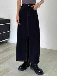 DAZY Váy denim xẻ đùi túi chéo - màu đen - Xem 2