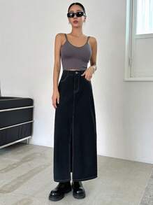 DAZY Váy denim xẻ đùi túi chéo - màu đen - Xem 3