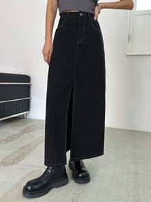 DAZY Váy denim xẻ đùi túi chéo - màu đen - Xem 4