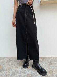 DAZY Váy denim xẻ đùi túi chéo - màu đen - Xem 5