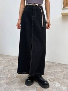 DAZY Váy denim xẻ đùi túi chéo - màu đen - Xem 6