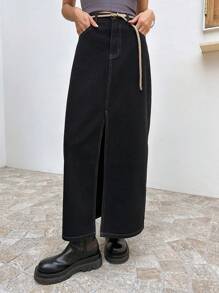 DAZY Váy denim xẻ đùi túi chéo - màu đen - Xem 7