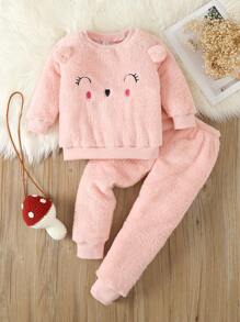 Young Girl Cartoon Embroidery 3D Ears Design Flannel PJ Set - Baby Pink - View 1