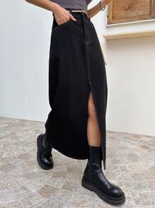 DAZY Váy denim xẻ đùi túi chéo - màu đen - Xem 8
