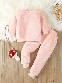 Young Girl Cartoon Embroidery 3D Ears Design Flannel PJ Set - Baby Pink - View 2