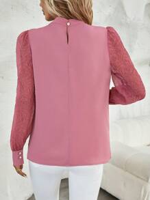 SHEIN Clasi Keyhole Neckline Contrast Mesh Lantern Sleeve Blouse - Dusty Pink - View 4