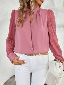 SHEIN Clasi Keyhole Neckline Contrast Mesh Lantern Sleeve Blouse - Dusty Pink - View 5