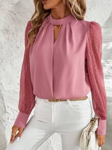 SHEIN Clasi Keyhole Neckline Contrast Mesh Lantern Sleeve Blouse - Dusty Pink - View 6