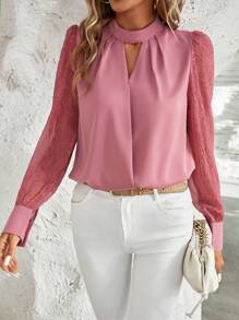 SHEIN Clasi Keyhole Neckline Contrast Mesh Lantern Sleeve Blouse - Dusty Pink - View 1