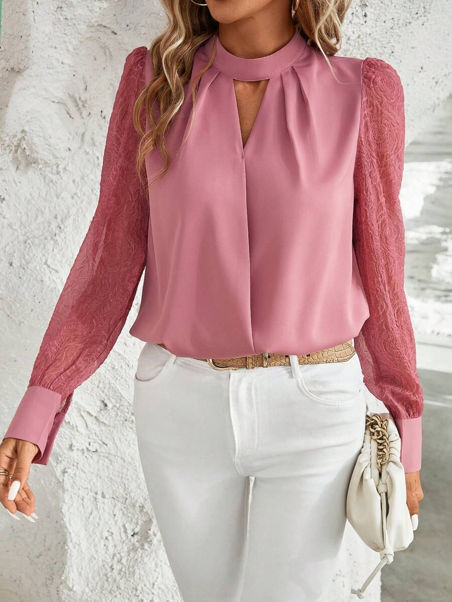 SHEIN Clasi Keyhole Neckline Contrast Mesh Lantern Sleeve Blouse - Dusty Pink - View 1